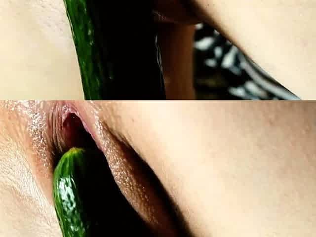 Asian Solo Female Plays with Cucumber on Webcam