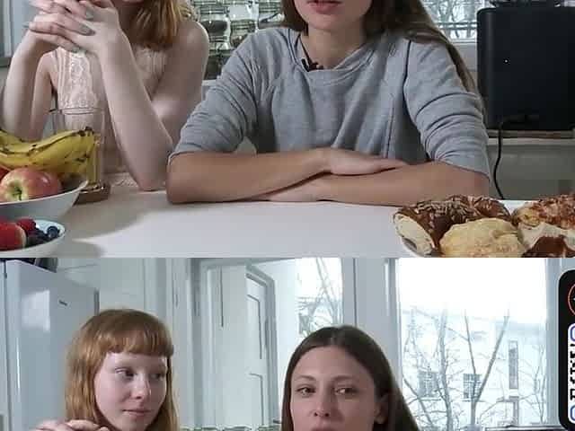 Redhead and dark haired lezzy play in kitchen with vagina