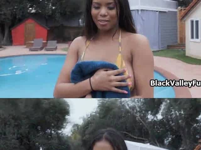 Breasty ebony bikini honey caught poolside then drilled indoors