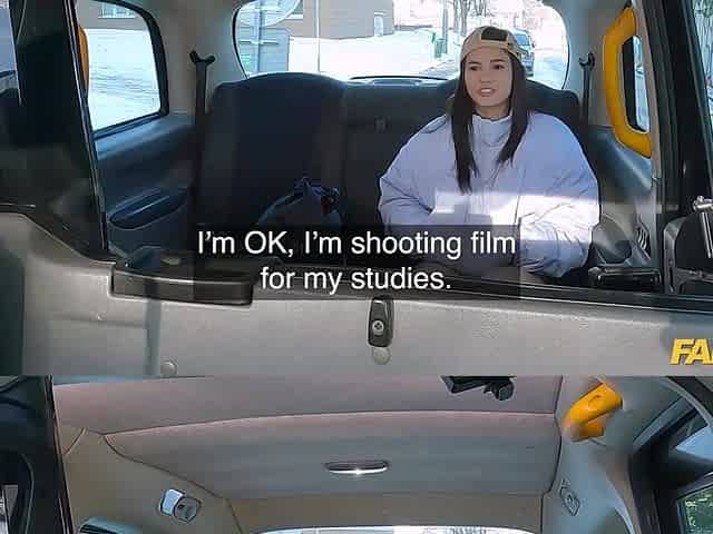 Cute brunette gets into a fake taxi but chooses to stay and fuck