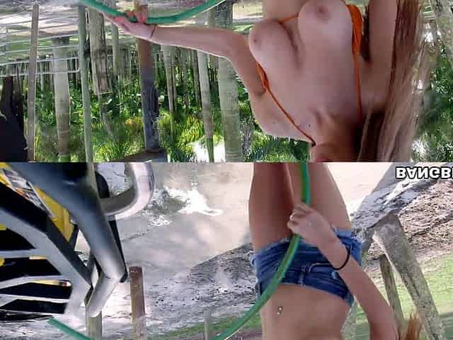 A bikini babe gets bent over and fucked outdoors while washing a car