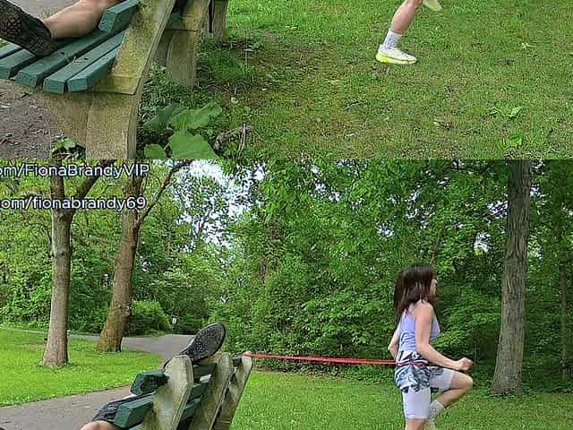 Public park work out routine. Fiona Brandy Keeps body fit and garments taut w nipps sticking out!