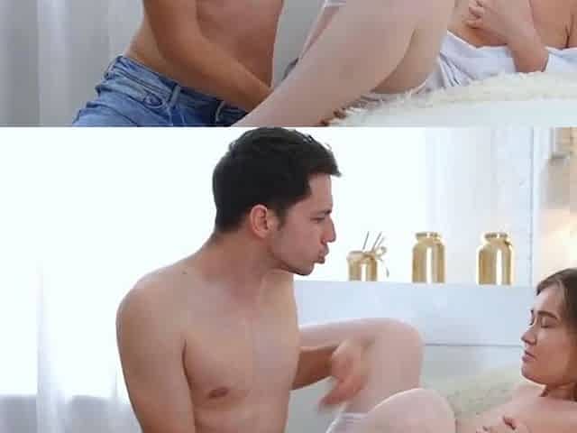 Busty black-haired teenager gives a deep DT to her