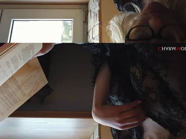 Sexy Busty Limona in Transparent Morning Dress Reads a Book