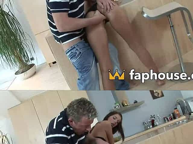 Super torrid dark haired railing a ample boner and providing yummy head before taking a thick blast of jizz in her torrid kitche