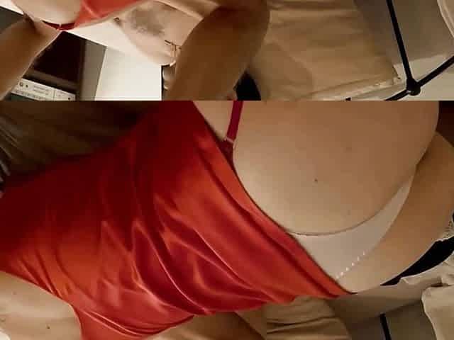 1325 - Satin Red/black Dress, Tanga, White Slut, Doggystyle, POV, Deepthroat, Rimming
