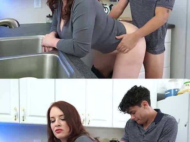 Curvy natural stepmom screws skinny stepson with big jock