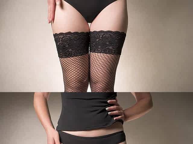 Sensual Thigh Gap Tease in Lingerie and Fishnets