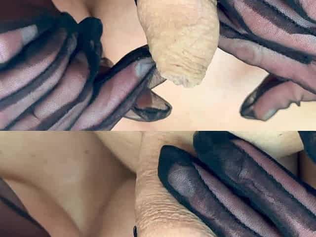 Small Dick Play and Foreskin in Nylon Gloves Until He Cum a Lot in My Mouth