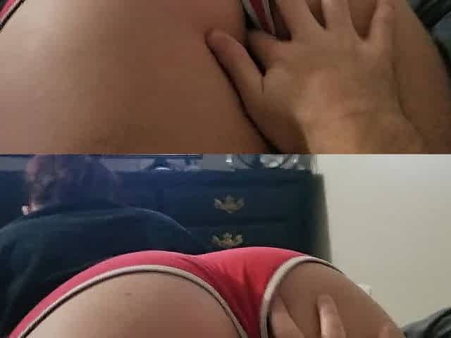 Fingering my girlfriend during the time that this babe watches TV