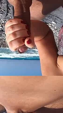 Jerking off My Boyfriend at a Beach - Quick Risky Outdoor Handjob with Huge Cumshot