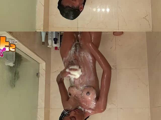 Skinny ebony MILF Scarlet Ray takes a cock in the shower
