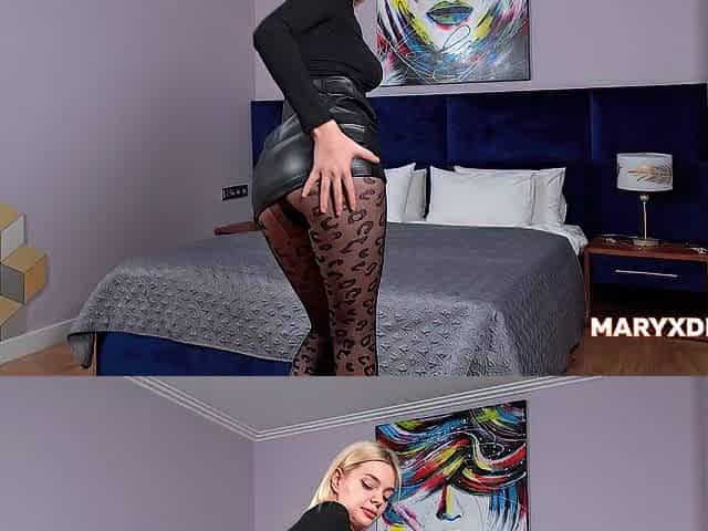 Elegant golden-haired in leather petticoat and tights craves to bang greater amount