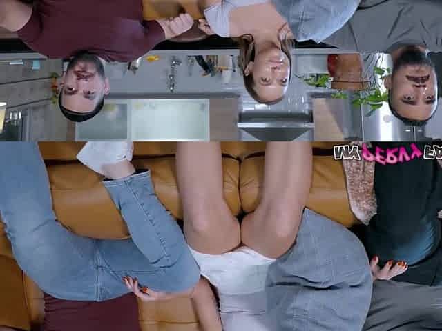 Teen cheating on her husband with her perverted stepbrother while sitting on the same couch