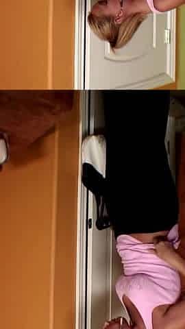 Busty blonde babe eats cum after sucking BBC