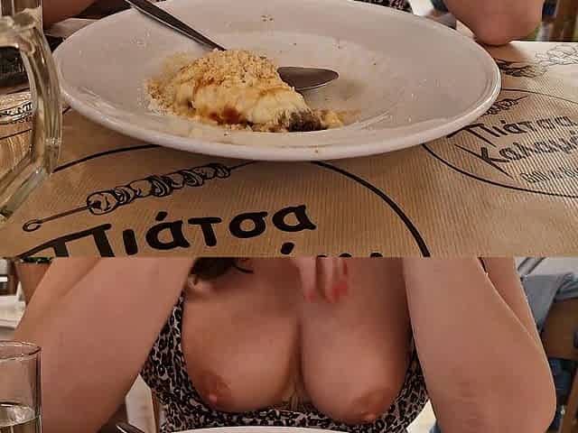 fingering in a restaurant full of people, showing vagina and bazookas