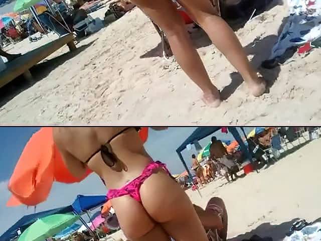 Peeping a big butt in a thong bikini