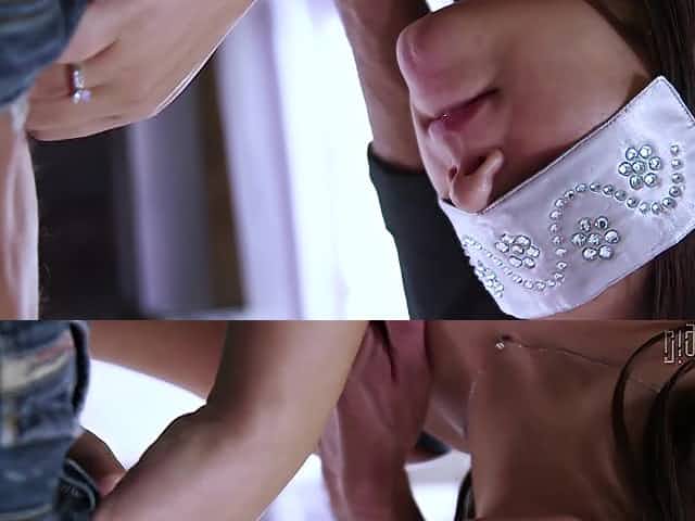 Blindfolded wife surprised by two hard dicks in her tight mouth