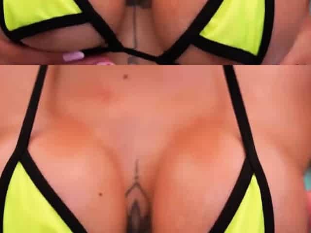 Busty micro bikini Latina gags in pool