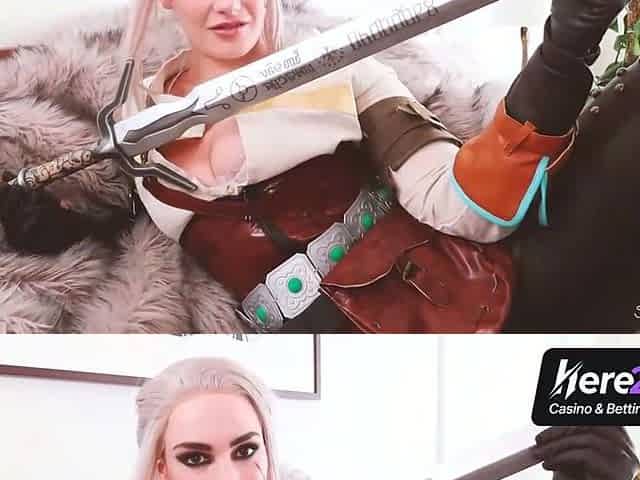A light-haired dame in a cosplay apparel uses adult