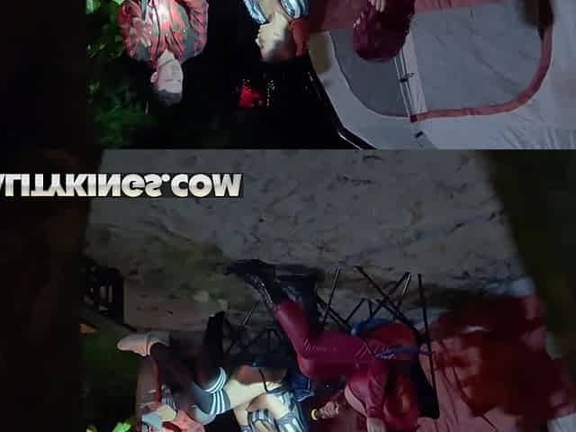 Busty milfs in costumes get in a tent with him for a threesome POV