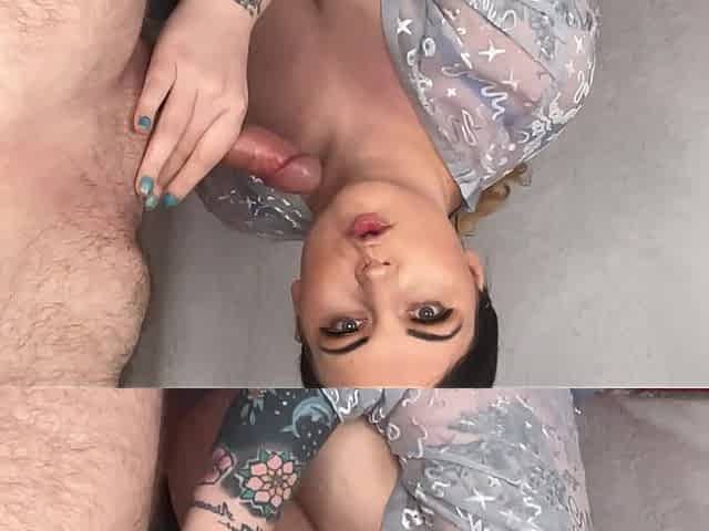 Filthy Whore Sucks and Wanks Cock to Cumshot Over Her Tits