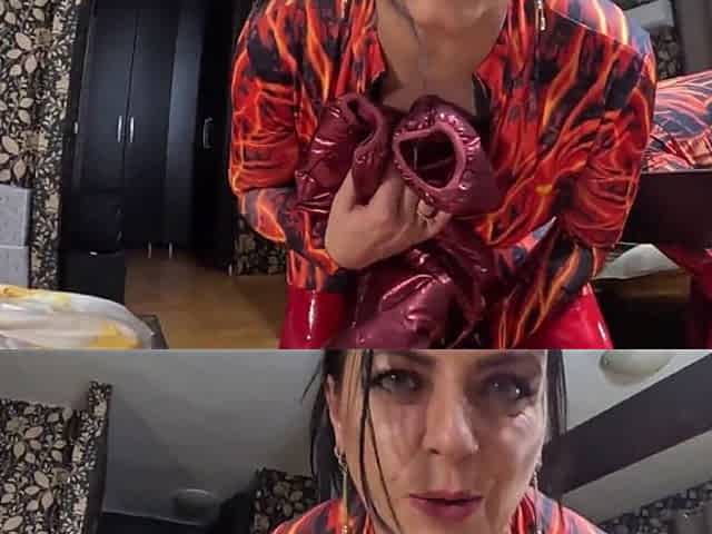 Red Nylon Jumpsuit Fetish Cameltoe Tease, Deep Blowjob and Cum on My Downjacket