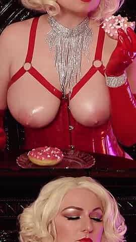 Sexy Hot Blonde MILF Eating Donuts - Food Fetish in Latex Rubber Opera Long Gloves
