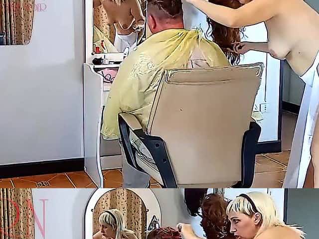 Nudist barbershop. Stripped lady hairdresser in an apron. The client is surprised. three