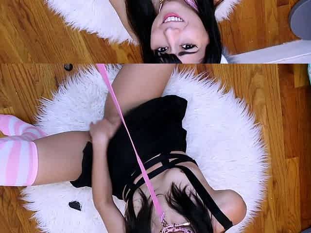 Small titted brunette Sharron with glasses masturbates