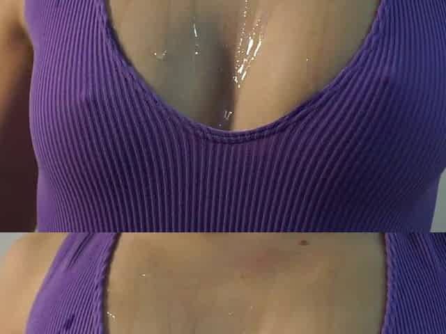 Watch me play with oil in my one-piece swimsuit and getting creampied