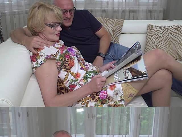 Blonde mature nerdy MILF Rina M. blows and rides an older guy