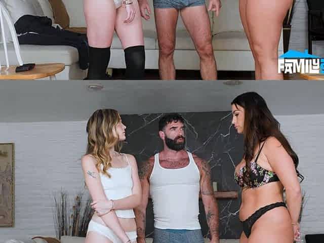 Strict daddy breeds wild stepdaughter and wife together