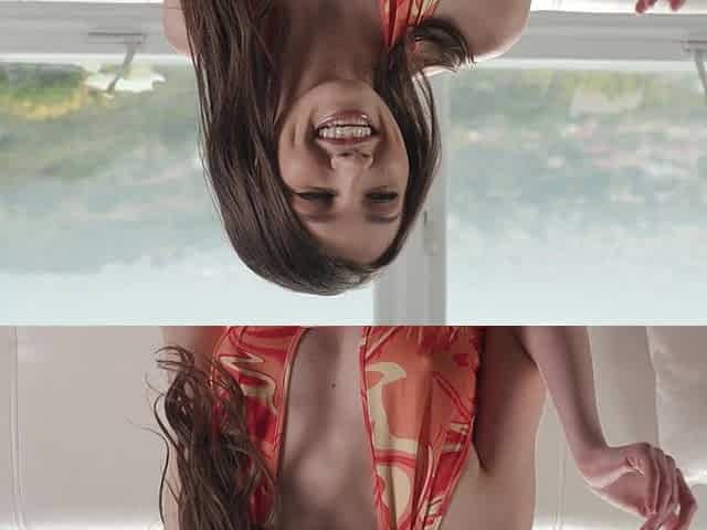 Behind the scenes with a hot young brunette, Maya Woulfe, in her natural gear