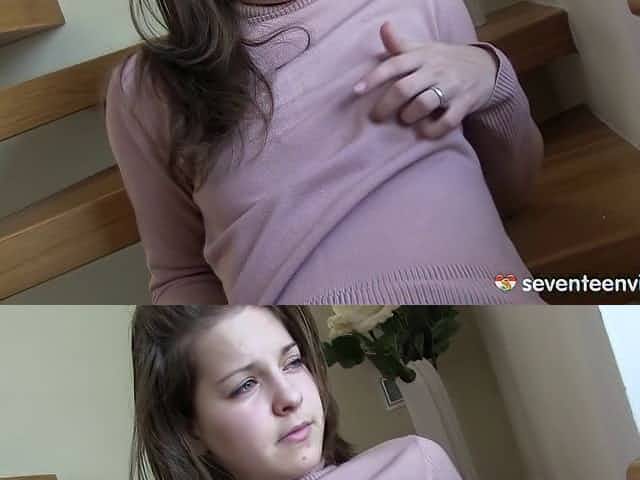 Fantastic amateur teen fondles her tits and pussy on the stairs