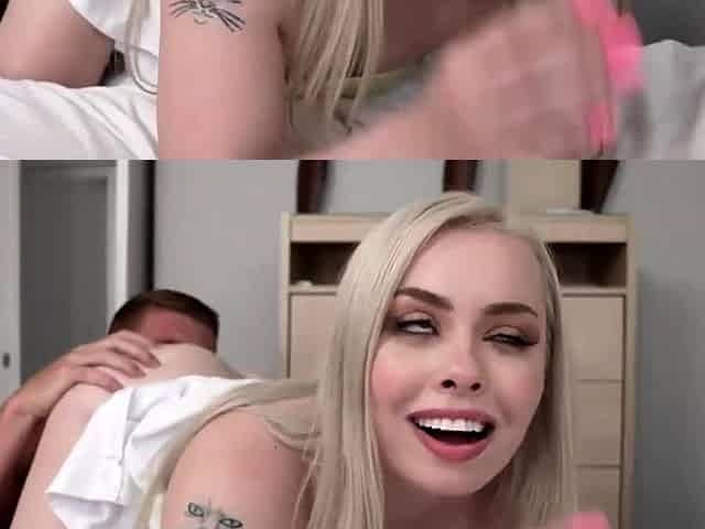 Blonde teen with a glasses having hardcore group sex