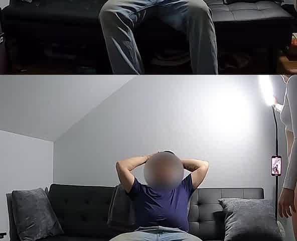 Neighbor comes over and teases daddy because she found his videos of him pleasing women