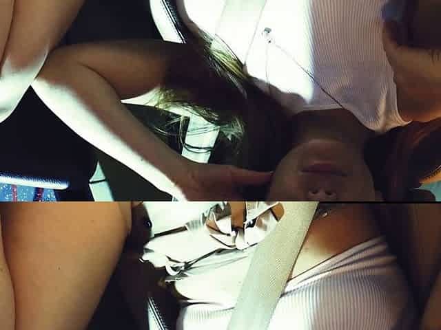 Redhead babe with small tits masturbates in public at a car