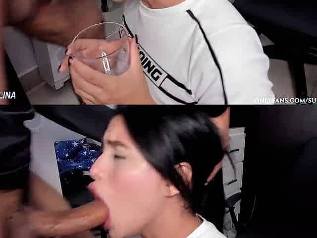 Very messy oral screwing his mouth ends in milk and saliva baths