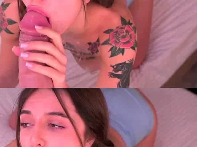 Big tit brunette sucks a big cock POV
