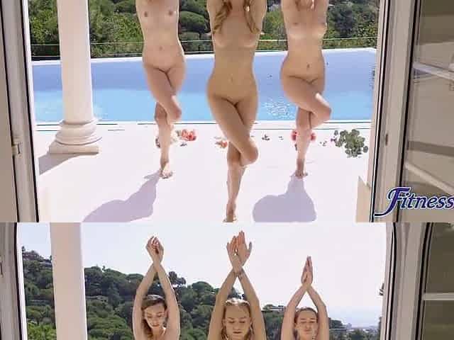 Nancy A shares lesbo trio outdoors after stripped yoga - Fitness Rooms