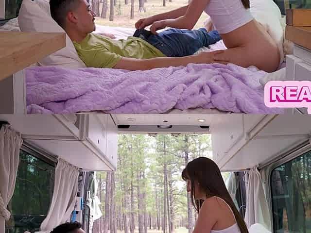 Kinky Brunette hair Sweetheart Lana Smalls Takes a ride on Stepbros Ramrod in Camper Van