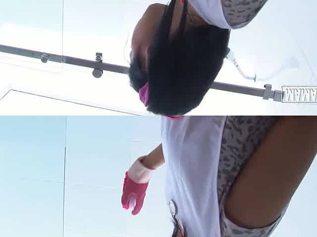 Large Booty Latin chick in Pink Gloves Gets Banged Doggy in the Shower That babe Just Cleaned