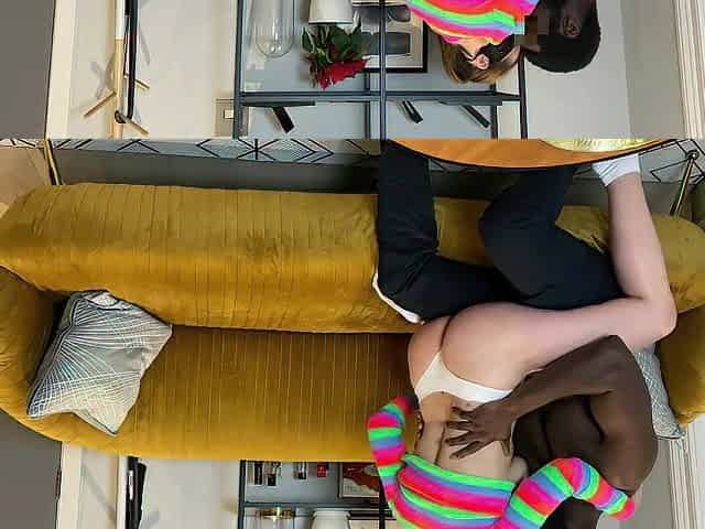 Cuckold locked in chastity watches his hotwife getting banged .