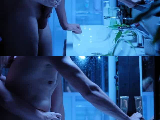 Handjob from behind, fucking on the sink and standing doggy