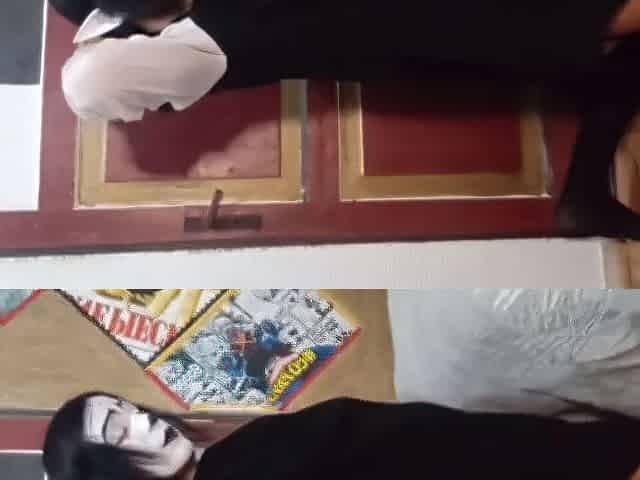 Cute slender femboy in student suit show her butt