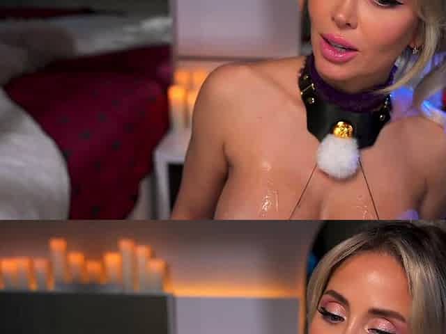Blonde Housewife with big boobs masturbates with huge dildo