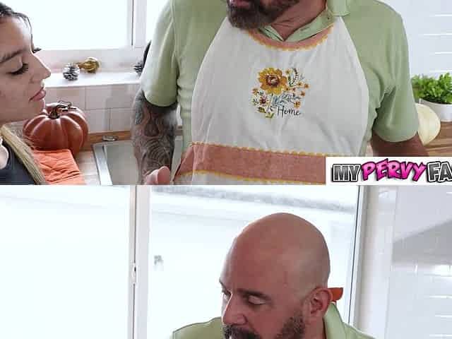 Hot slender girl gets pounded by her pervy stepfather in the kitchen