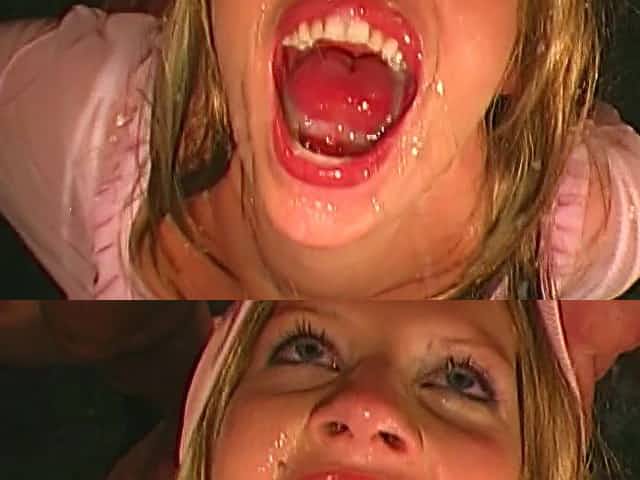 Slender blonde is lying on the bed and getting a tasty cum load