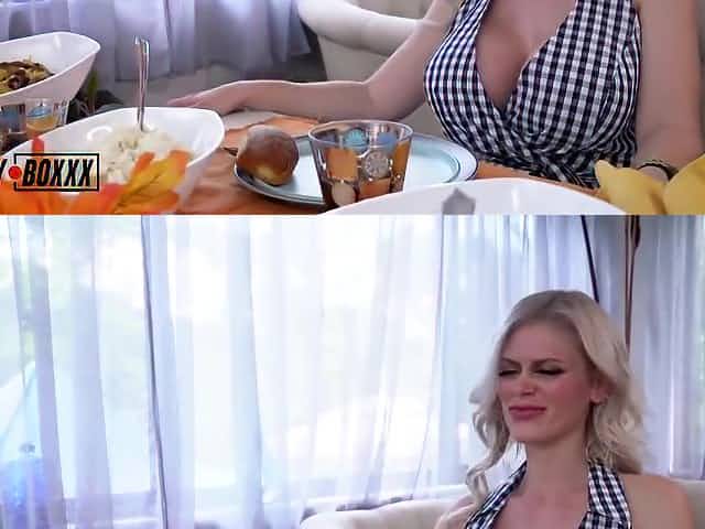 Big titted blonde is getting banged in the kitchen and trying hard not to moan too loud